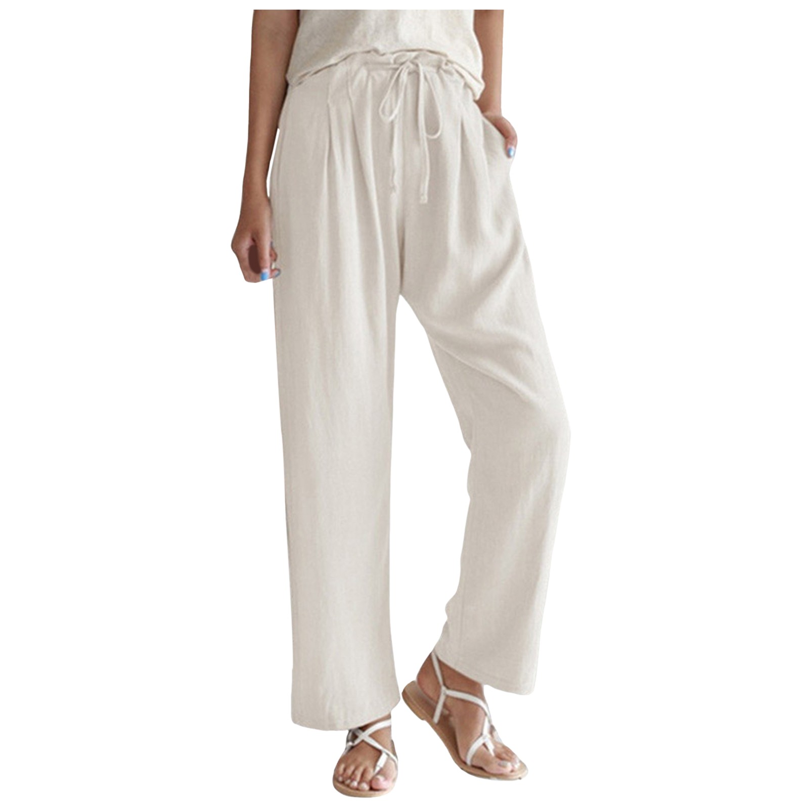 Pantalones de lino con cordón y cintura alta para mujer 2025: pantalones ligeros de algodón con pierna recta, cintura elástica, tallas S-XXL para primavera/verano